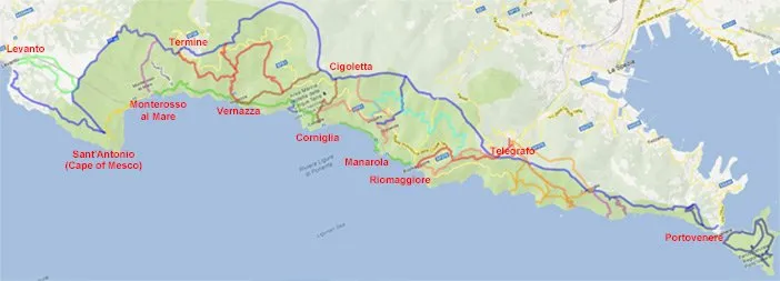 Map of all hiking trails of the Cinque Terre, preview